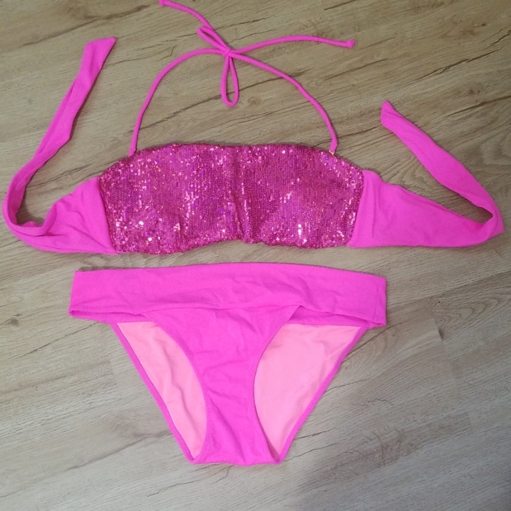 Victoria's Secret HOT Pink Sequin Bandeau Bikini